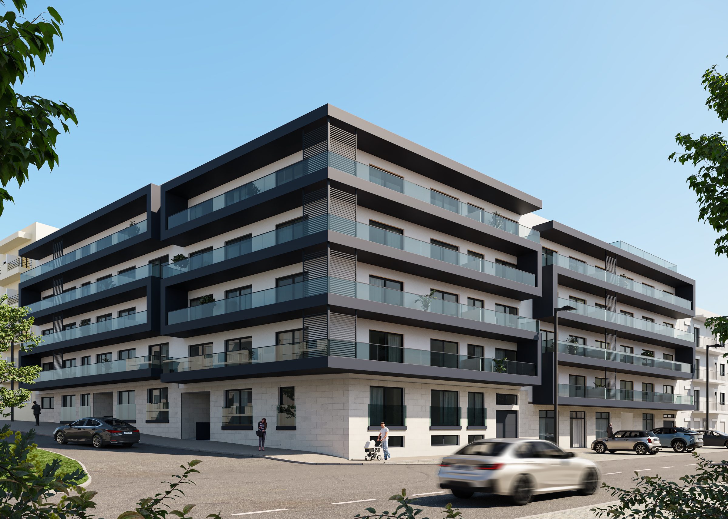 Bloco 3 da CicloJob, em Olhão — edifício de habitação de cinco pisos visto da esquina